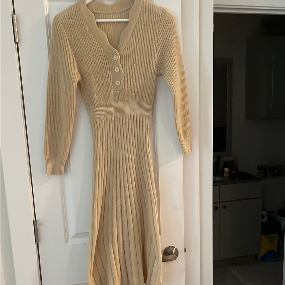 SHEIN Cream Ribbed Long Sleeve Dress